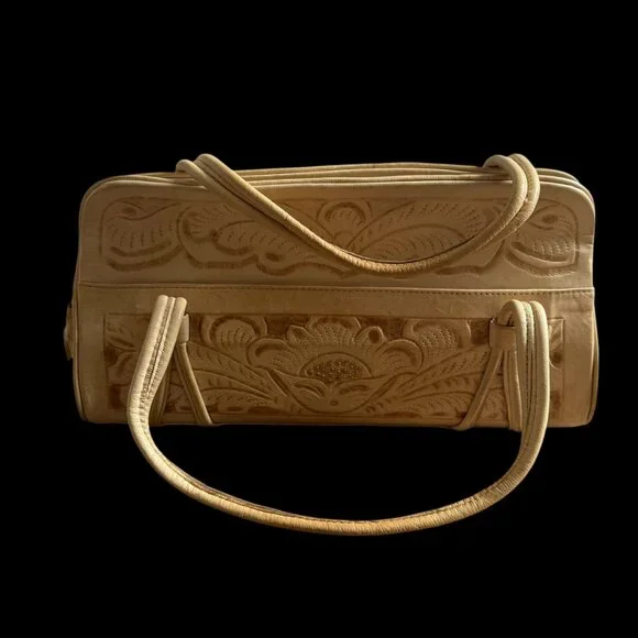 Vintage Leather Tooled Handbag Purse Ivory Western Ideal Zipper Cream - Picture 2 of 13